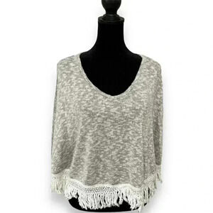 Twinkle Womens Brown/Cream Boho Fringe Lightweight Pullover Knit Poncho